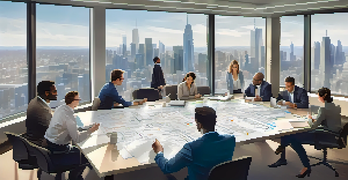 A diverse team of professionals brainstorming around a conference table, with documents and digital devices, in a well-lit room with a city skyline view.