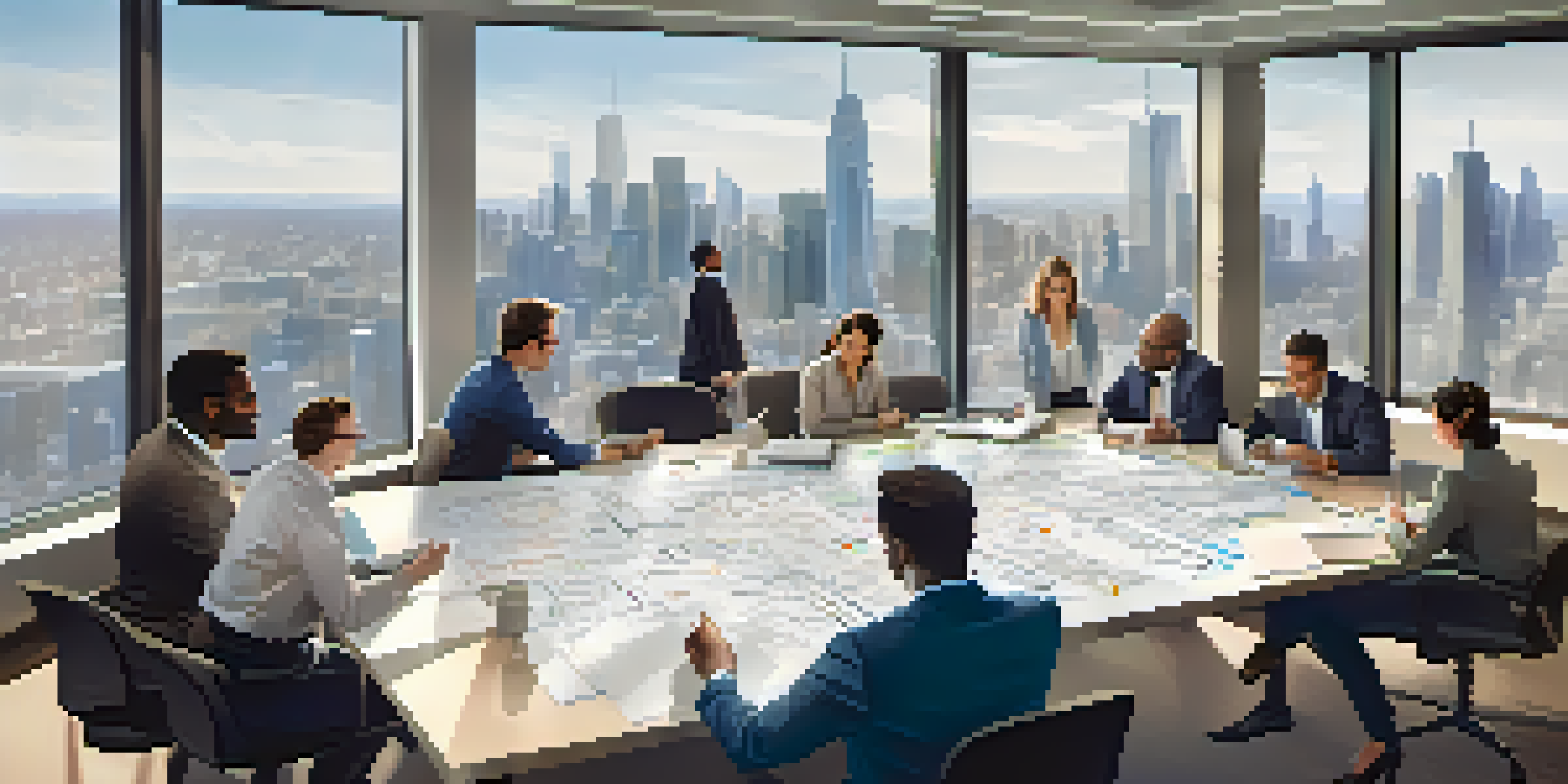 A diverse team of professionals brainstorming around a conference table, with documents and digital devices, in a well-lit room with a city skyline view.