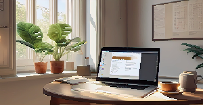 A cozy study area with a laptop and notebooks, illuminated by natural light, creating a warm and inviting atmosphere for online learning.