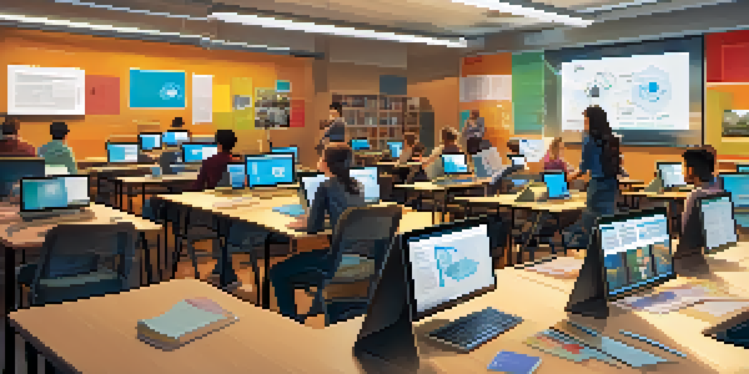A bright classroom where diverse students are collaborating on digital research using laptops and tablets.