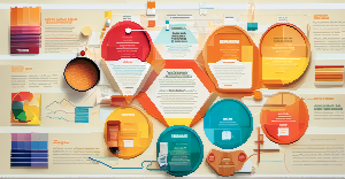 An infographic displaying elements of visual content, featuring various color palettes, typography samples, and composition techniques against a colorful background.
