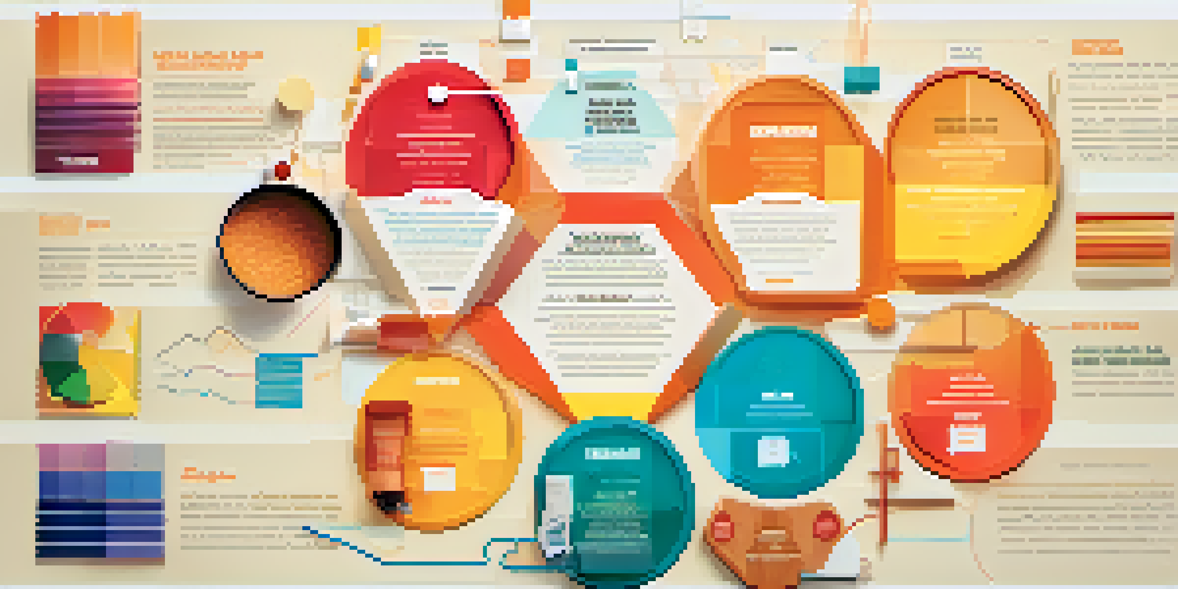 An infographic displaying elements of visual content, featuring various color palettes, typography samples, and composition techniques against a colorful background.