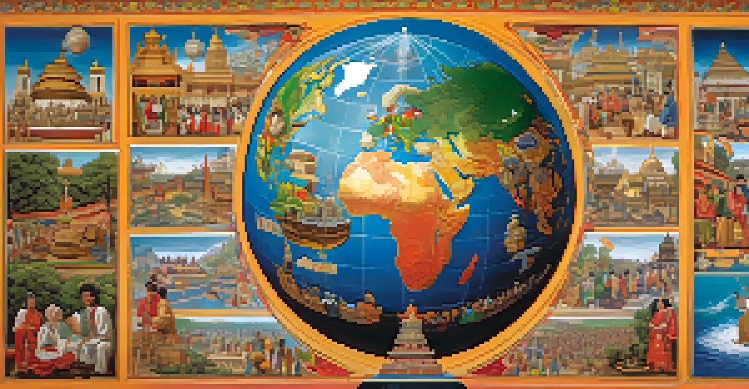 A globe adorned with cultural symbols and languages, highlighting the relationship between language learning and cultural understanding.