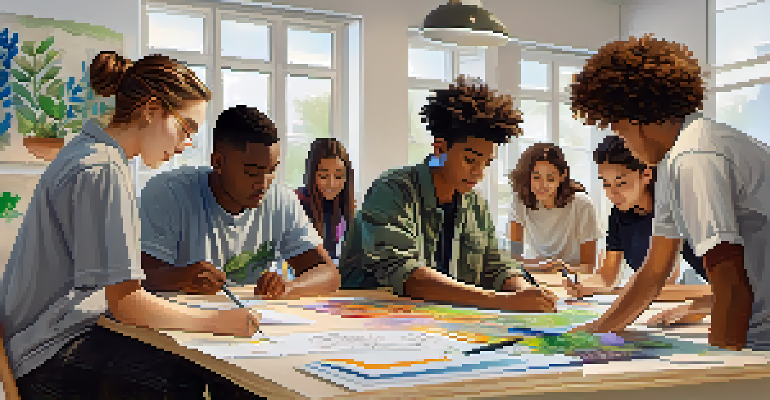 Students working together on a project at a large table with blueprints and art supplies in a bright classroom filled with plants and motivational quotes.
