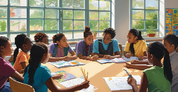A diverse group of students actively participating in a classroom discussion with a teacher, surrounded by educational materials and natural light.