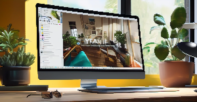 A laptop displaying a colorful digital portfolio on a wooden desk with plants and a notepad, illuminated by soft natural light.