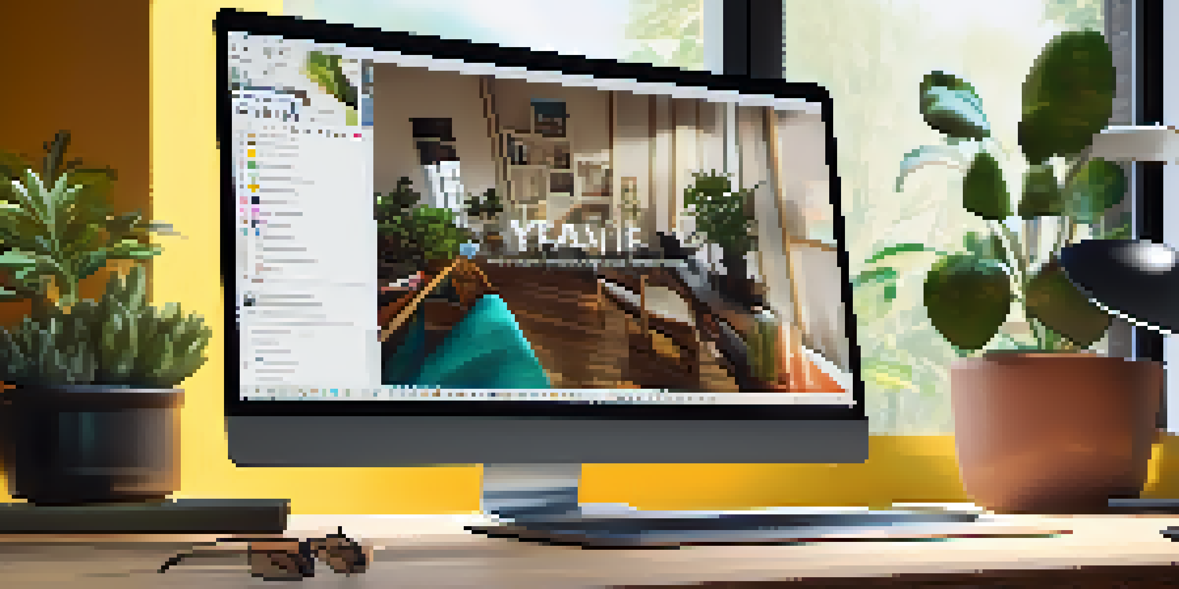 A laptop displaying a colorful digital portfolio on a wooden desk with plants and a notepad, illuminated by soft natural light.
