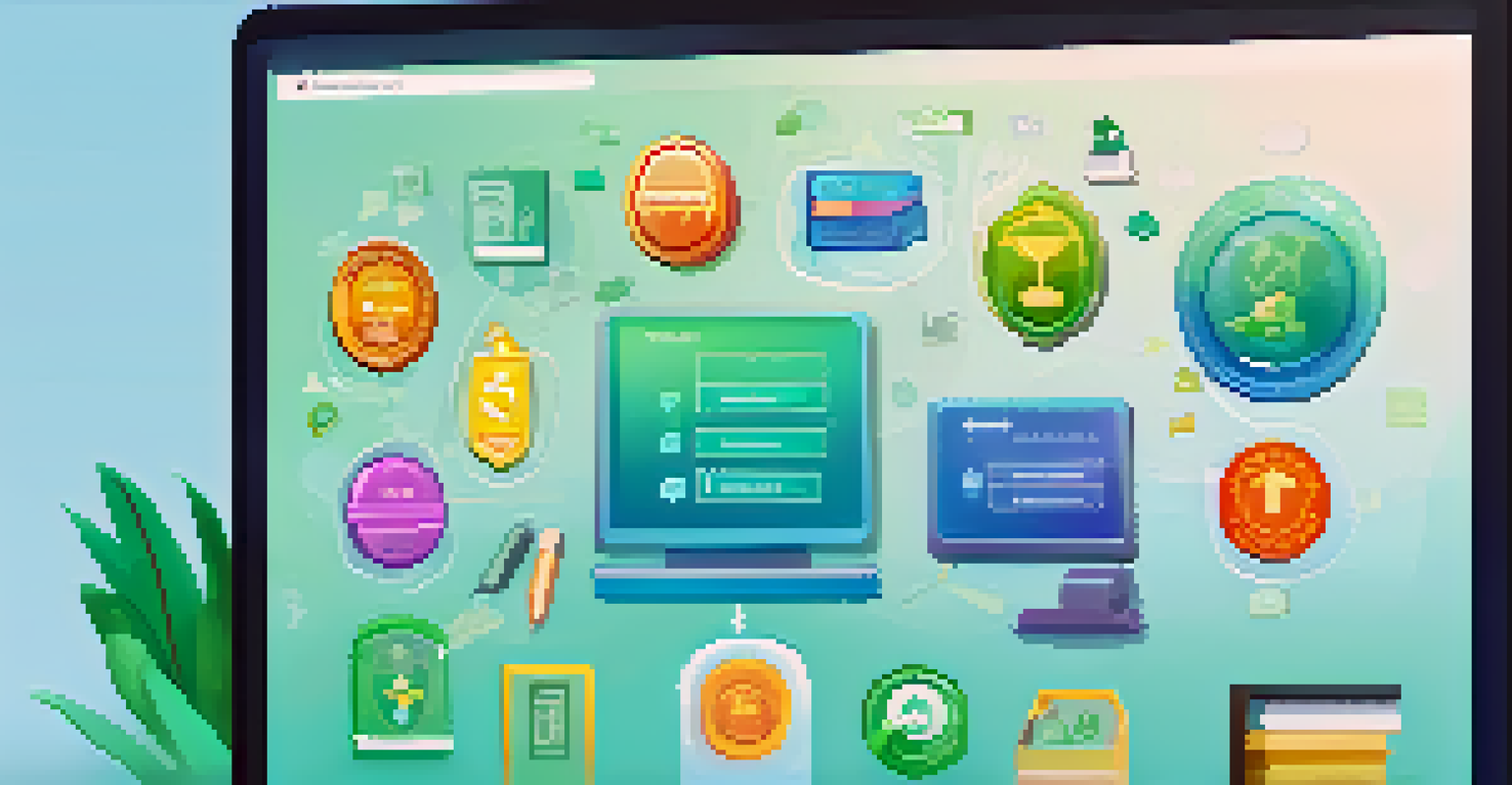 A computer screen displaying colorful digital badges for educational achievements in a modern classroom setting.