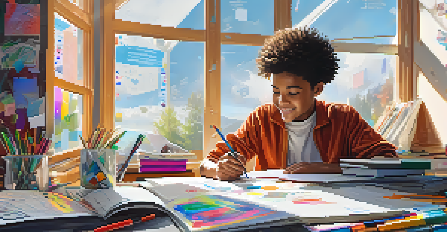 A young student smiling while working on a creative project about futuristic technology, with sketches and art supplies around them.