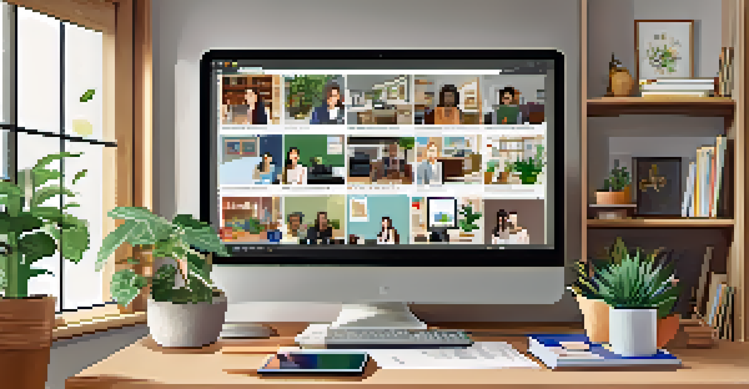 An online professional development webinar with a presenter and engaged teachers on screen in a cozy home office.