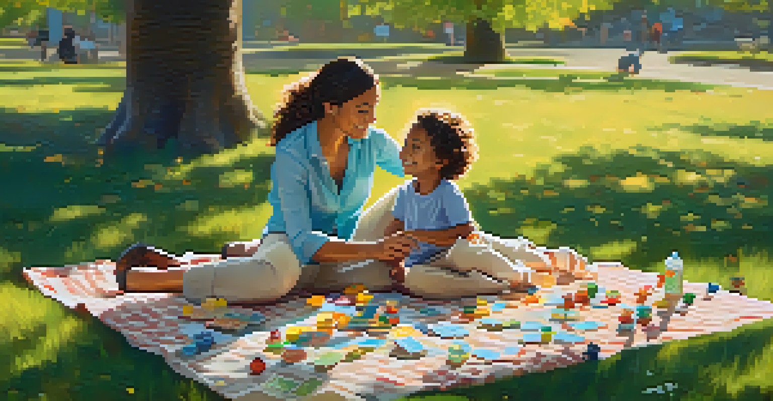 A parent and child playing a board game on a picnic blanket in a sunny park.