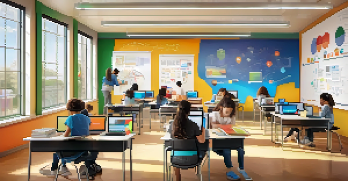 A modern classroom with students using laptops and tablets, engaged in digital learning and assessments.