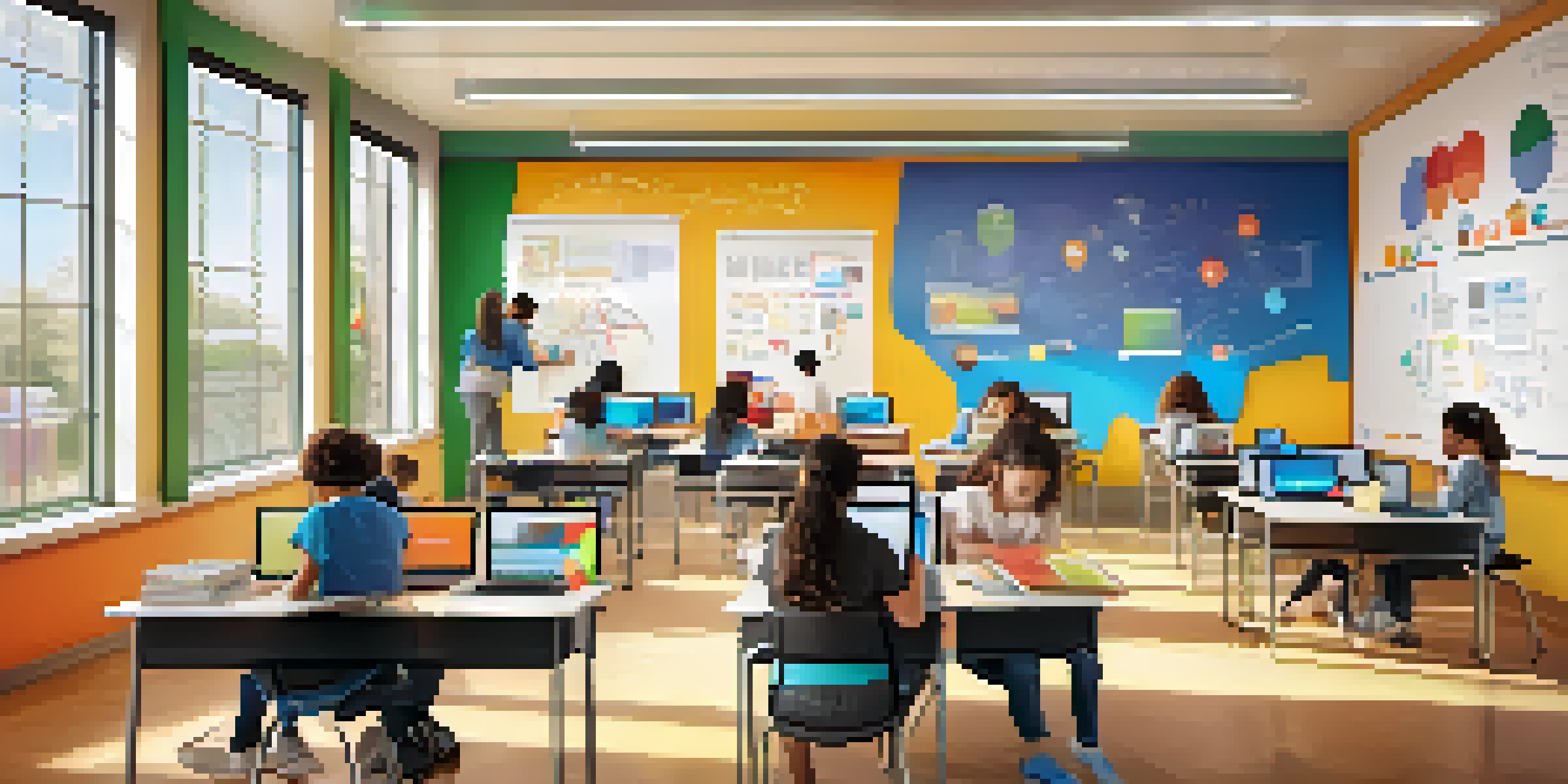 A modern classroom with students using laptops and tablets, engaged in digital learning and assessments.