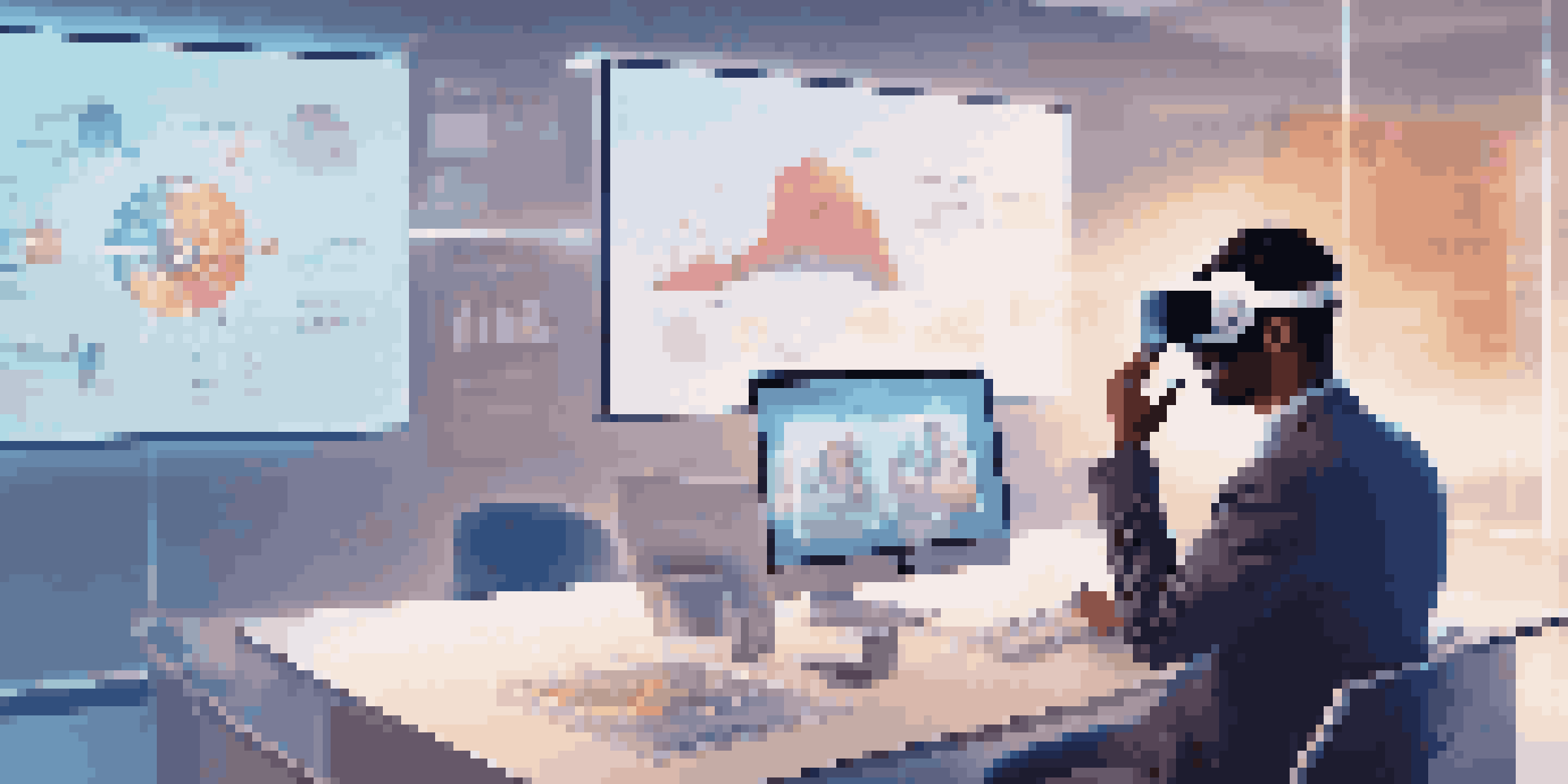 A professional wearing a virtual reality headset in an office, surrounded by holographic educational content representing microlearning.