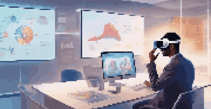 A professional wearing a virtual reality headset in an office, surrounded by holographic educational content representing microlearning.