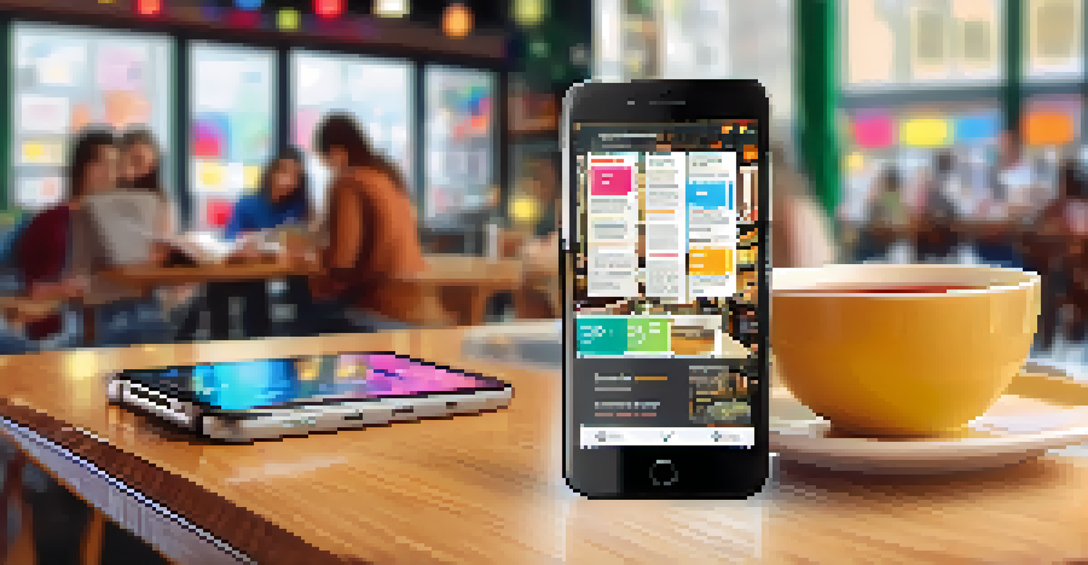 A smartphone displaying a colorful microlearning app, surrounded by students studying in a cozy coffee shop.