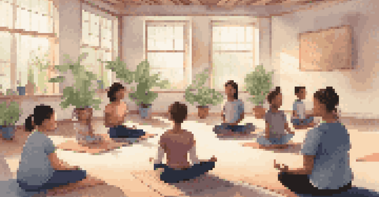 A calm classroom where students are practicing mindfulness on yoga mats, guided by a teacher in a soothing environment filled with plants.