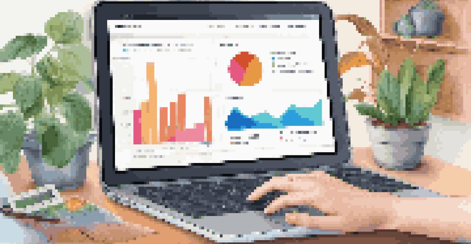 An interactive online financial literacy platform on a laptop, showing budgeting tools and educational content in a cozy home office.