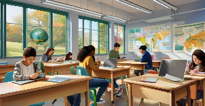 A bright classroom with students of different backgrounds working on digital devices, surrounded by educational materials.