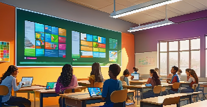 A modern classroom with diverse students using digital devices for learning, engaging with interactive content on screens.