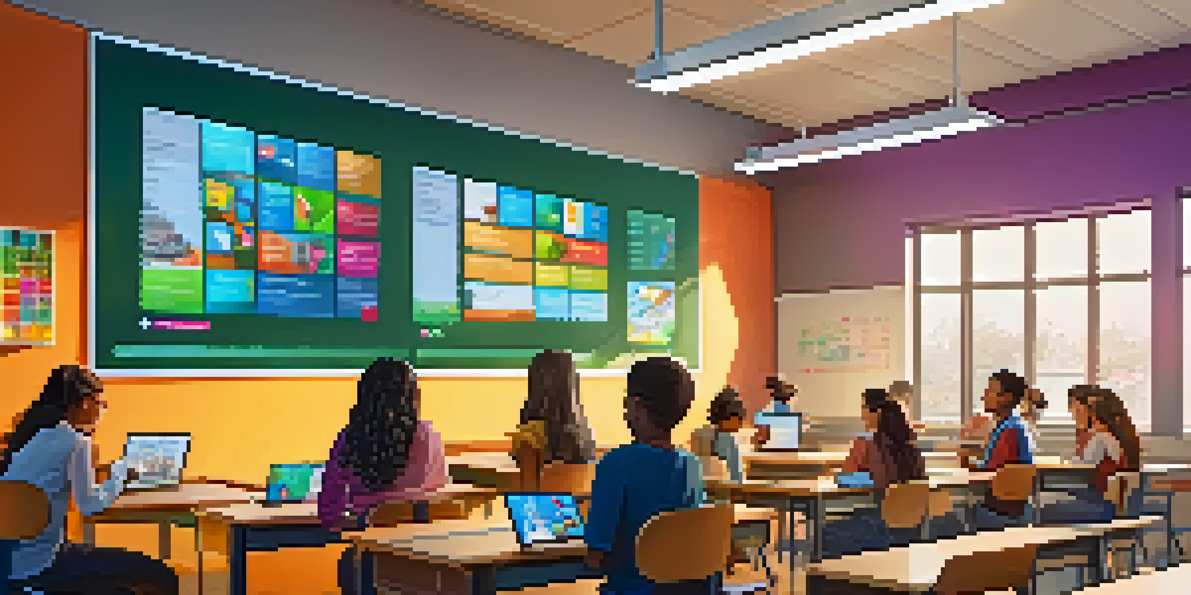 A modern classroom with diverse students using digital devices for learning, engaging with interactive content on screens.