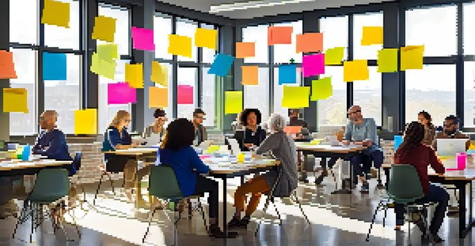 A diverse group of adult learners in a bright workshop, collaborating with laptops and colorful post-it notes, one presenting on a whiteboard.