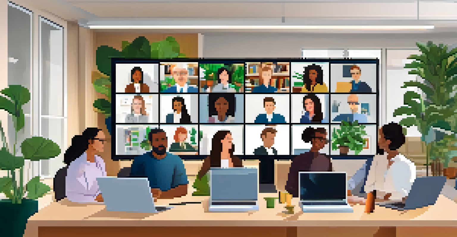 A video call with diverse professionals engaging in an online learning session, set in various home and office environments.