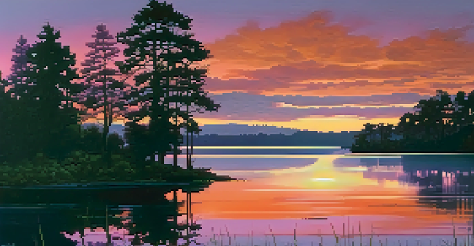 A beautiful sunset over a calm lake with colorful reflections in the water and silhouetted trees in the foreground.