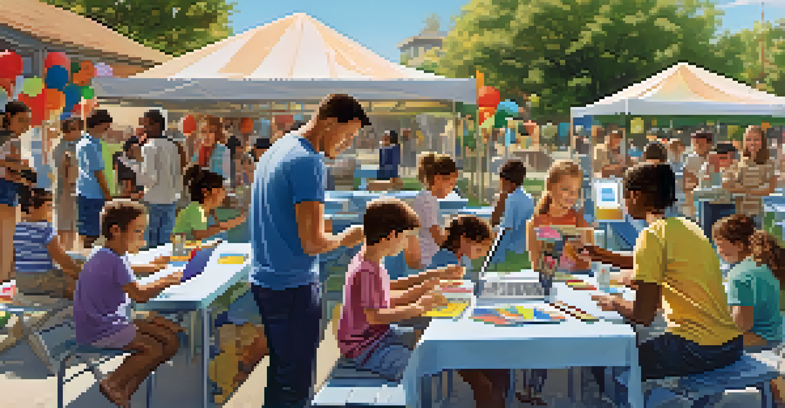 Families gathered at an outdoor community event, interacting with technology and discussing digital tools, with bright banners in the background.