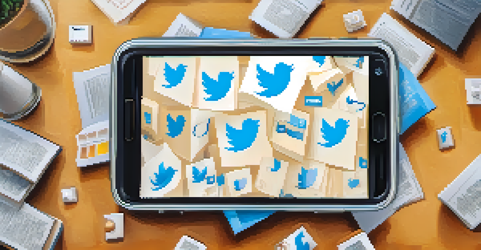 An overhead view of a smartphone with a Twitter feed on a desk, surrounded by notebooks and coffee.