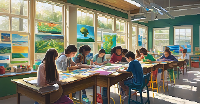 A classroom with students working together on a project, surrounded by art supplies and science equipment, with sunlight coming through the windows.