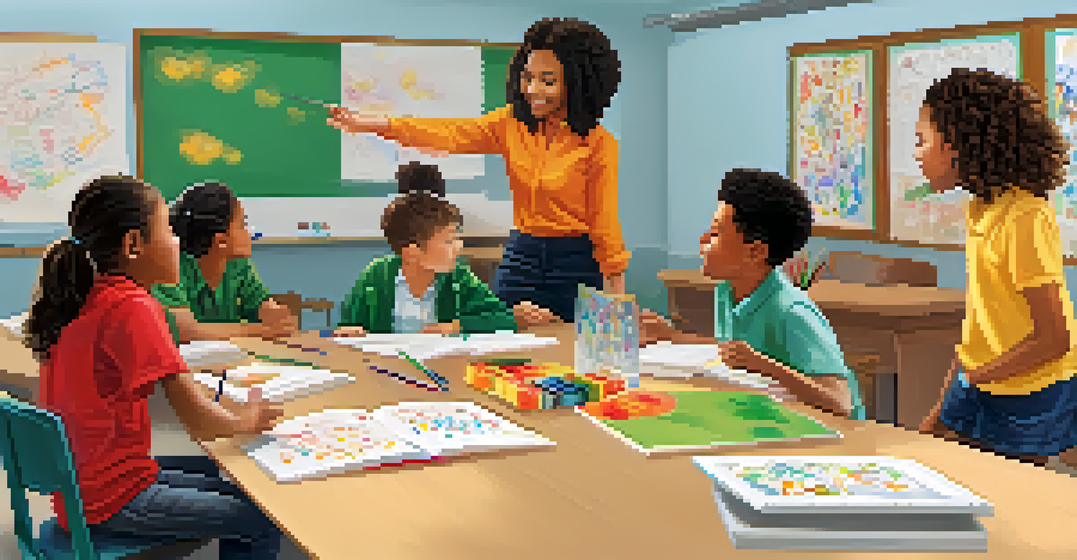 An educator leading a peer learning activity in a colorful classroom, with students actively engaging in discussion.