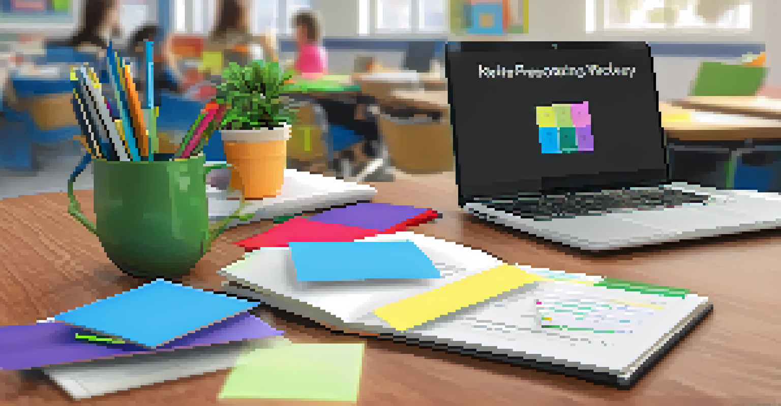 A teacher's desk with instructional materials and a laptop displaying cognitive load theory, set in an inspiring classroom environment.