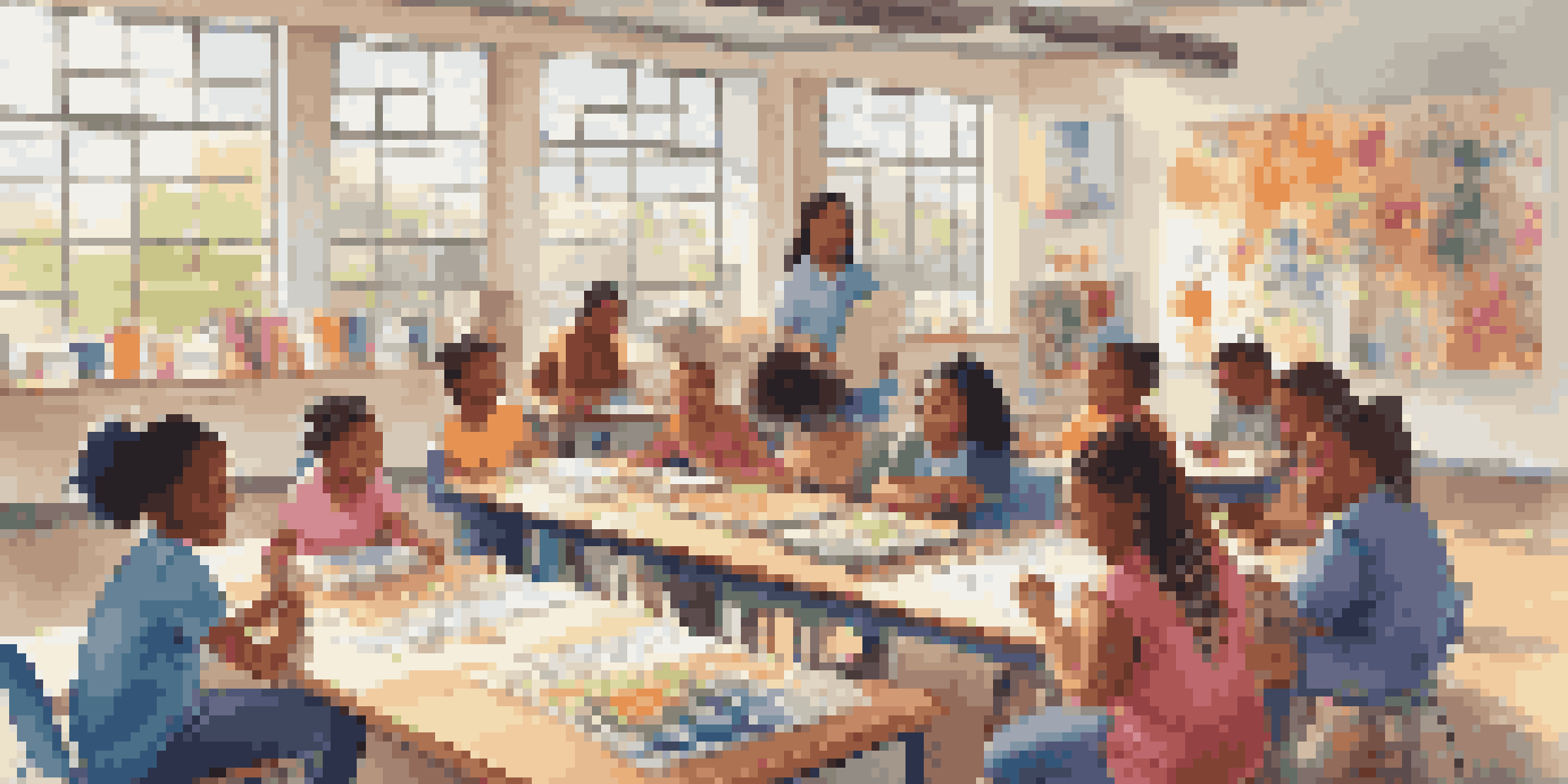 A diverse group of students working together on a project in a bright classroom filled with colorful materials and positive affirmations.