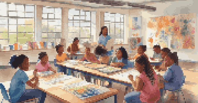 A diverse group of students working together on a project in a bright classroom filled with colorful materials and positive affirmations.