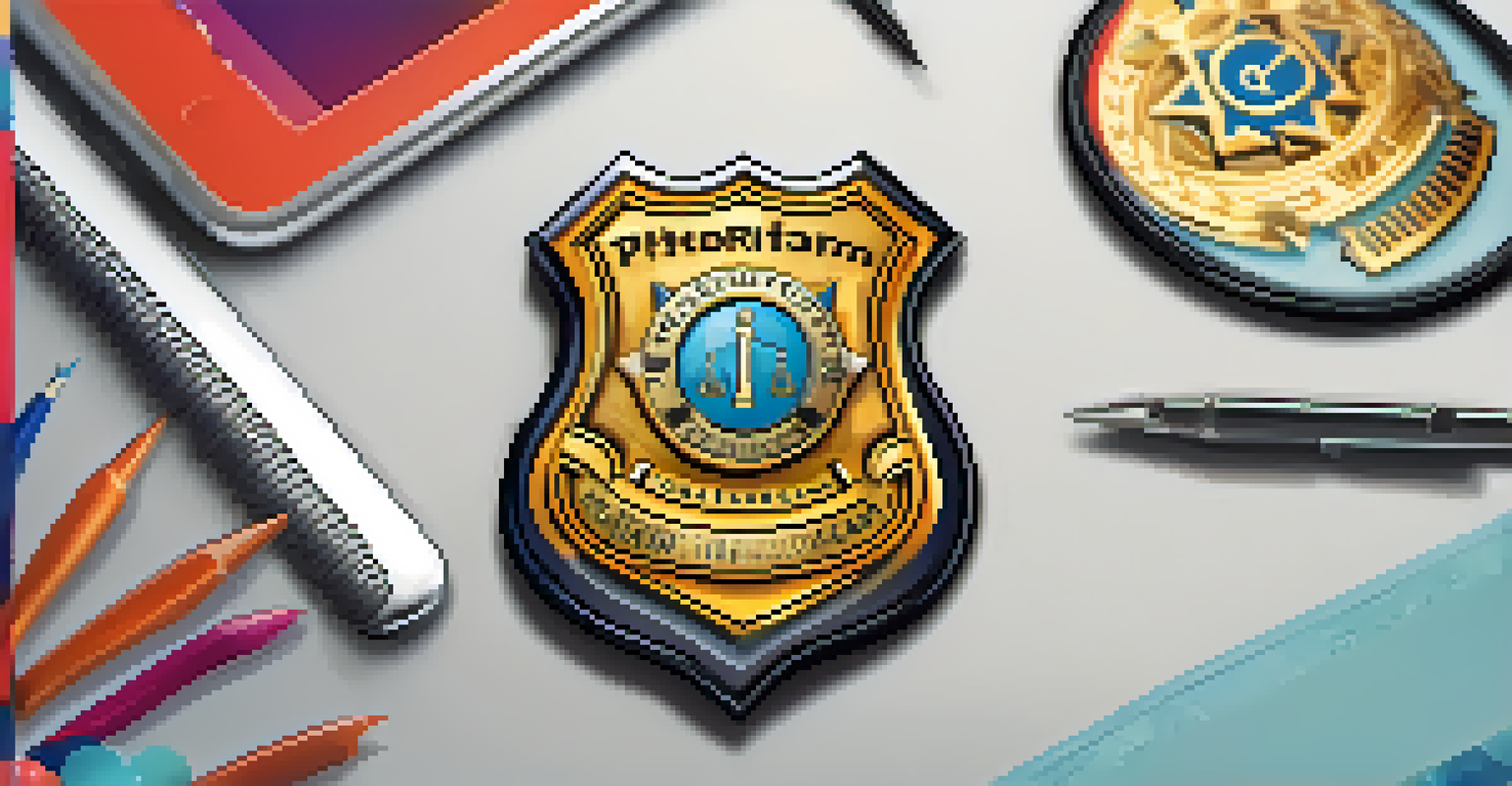 A close-up of a smartphone showing a vibrant digital badge for skills like coding, with a blurred workspace in the background.