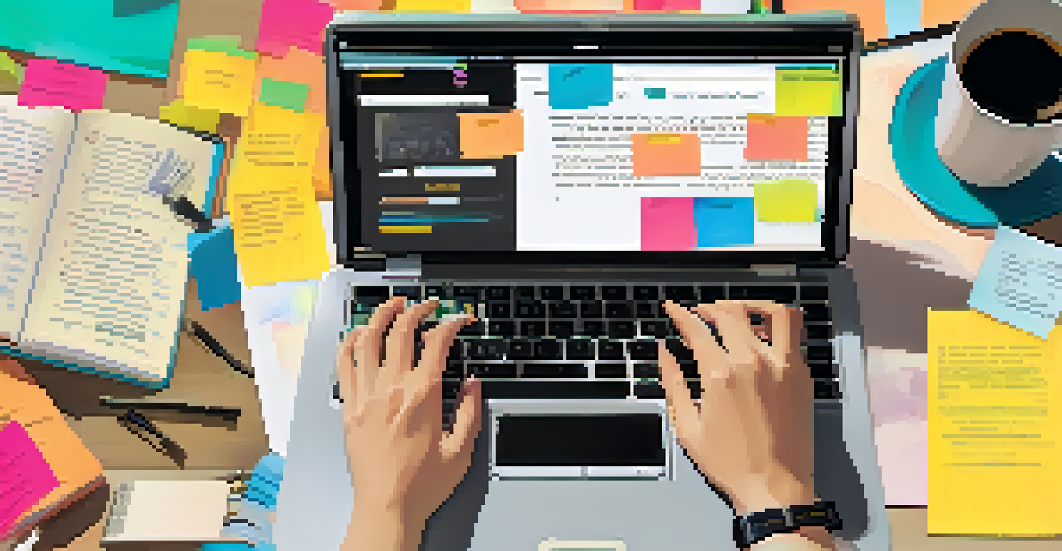 A close-up of a student's hands on a laptop, surrounded by sticky notes and textbooks, as they research online for a project.