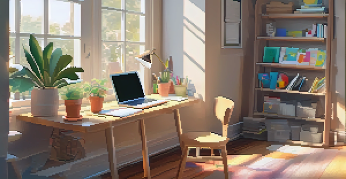 A cozy study desk with a laptop, notebooks, and a plant, illuminated by natural light, representing a supportive online learning environment.