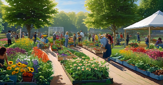 A community garden in bloom with people planting various flowers and vegetables, illuminated by warm sunlight.