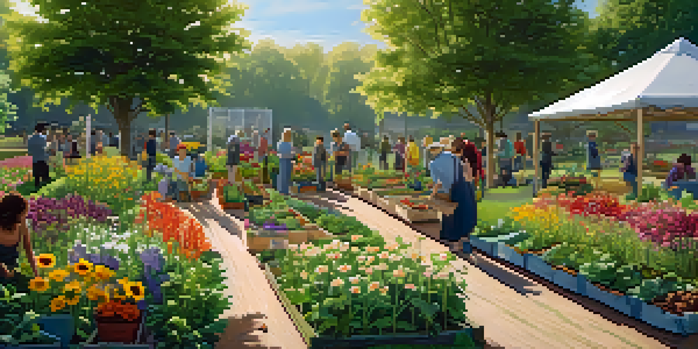 A community garden in bloom with people planting various flowers and vegetables, illuminated by warm sunlight.