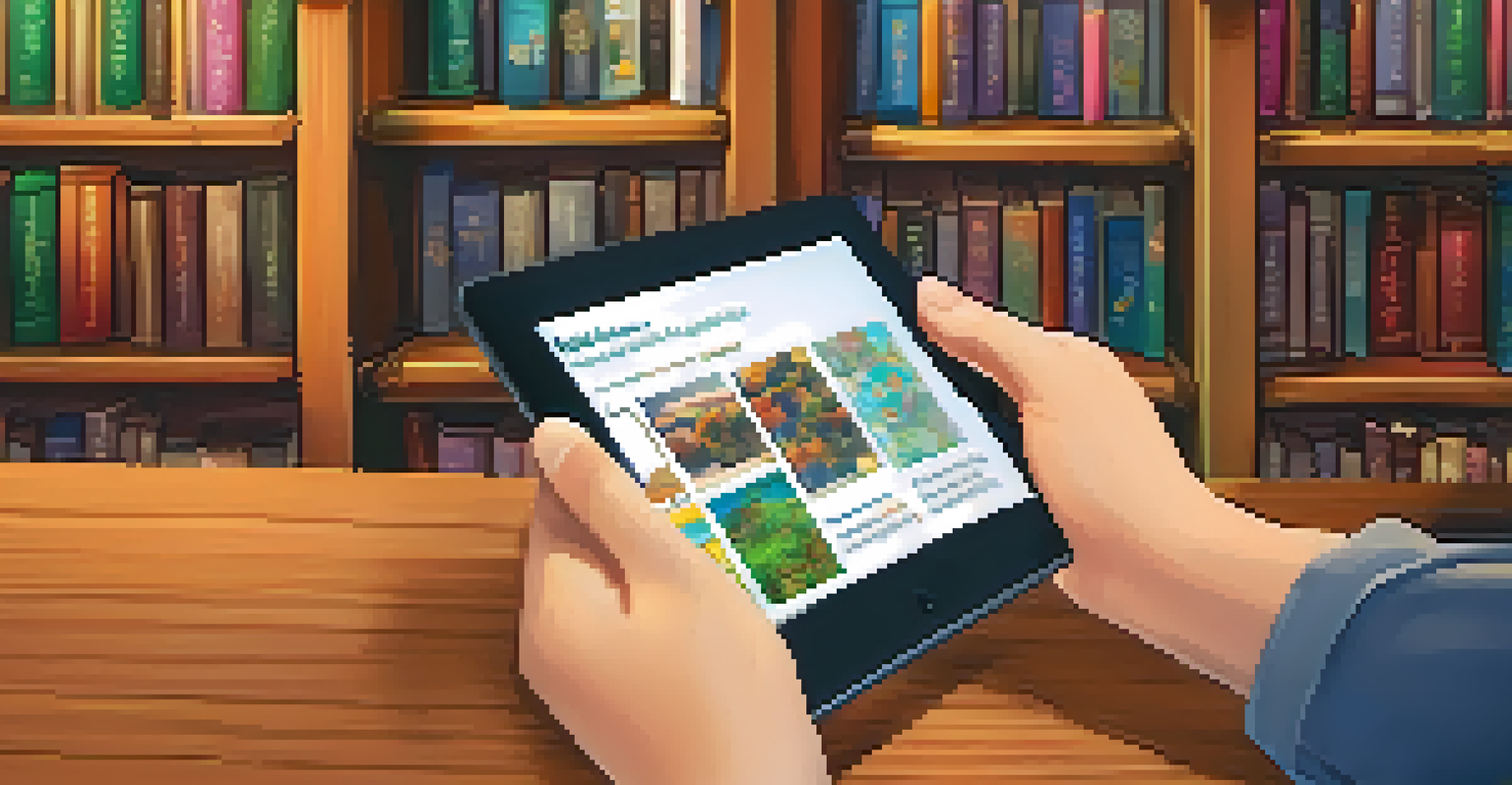 A close-up of hands using a tablet for an interactive quiz, with a cozy study area in the background and warm lighting.