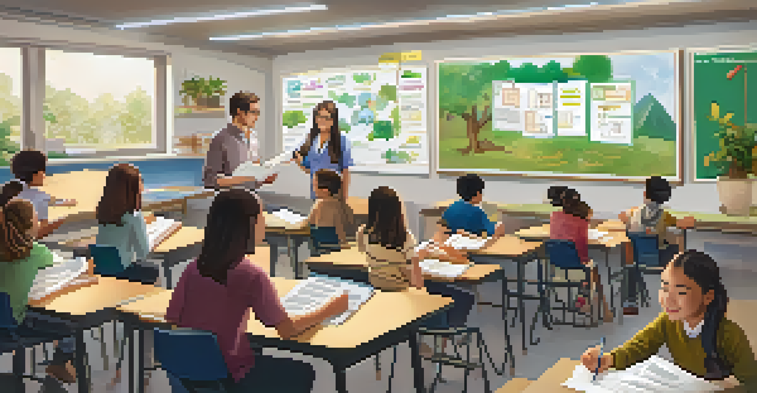 An educator overseeing students using different assessment methods in a vibrant classroom filled with educational materials.