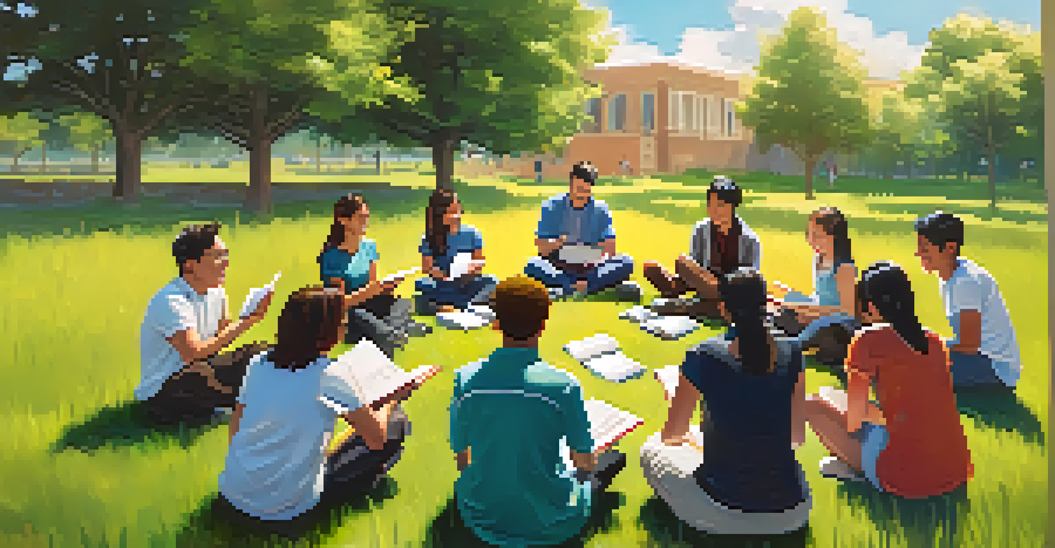 A diverse group of language learners practicing pronunciation outdoors in a supportive setting on a sunny day.