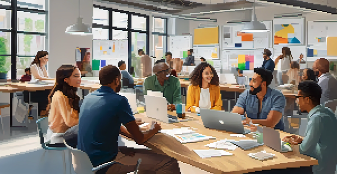 A diverse group of people discussing ideas around a large table in a modern workspace, with laptops and notebooks.
