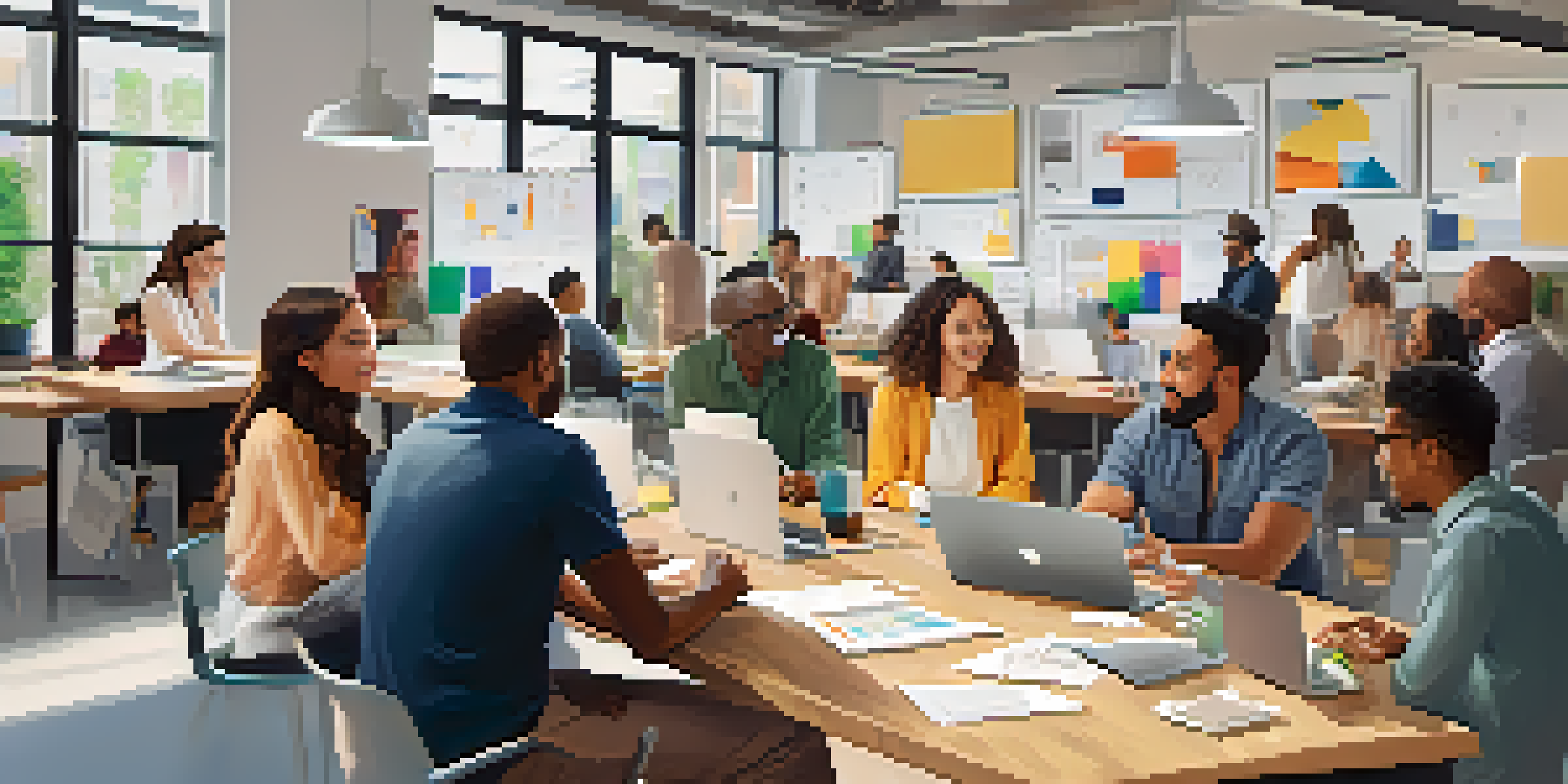 A diverse group of people discussing ideas around a large table in a modern workspace, with laptops and notebooks.