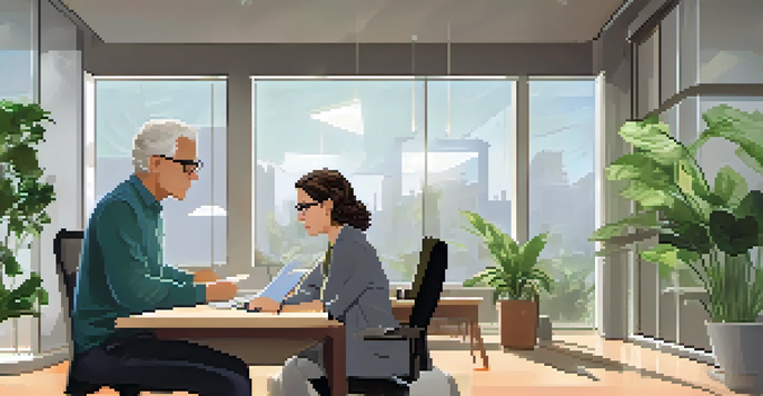 A mentor and mentee discussing in a bright office filled with plants and natural light.