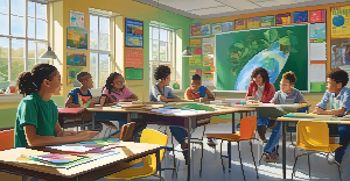 A lively classroom with diverse students working together around a round table, engaged in discussion and teamwork.