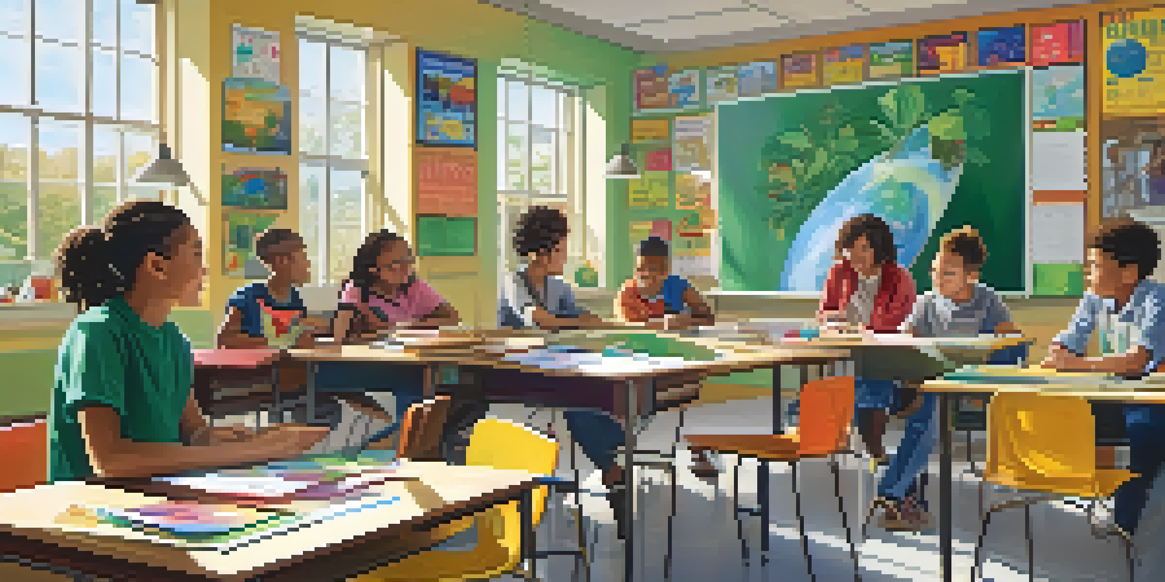 A lively classroom with diverse students working together around a round table, engaged in discussion and teamwork.