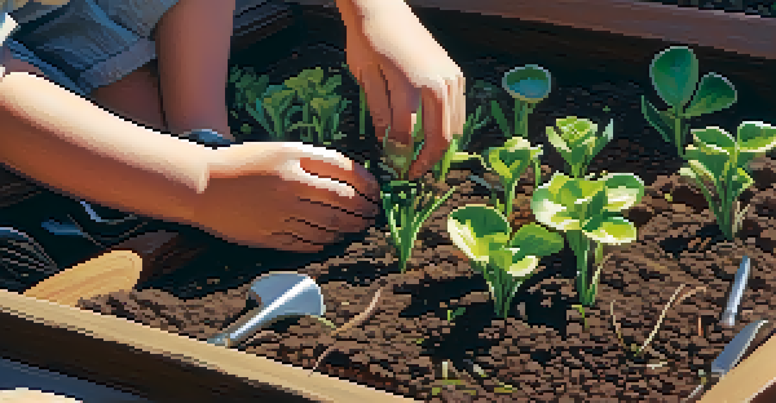 A child's hands gently planting seeds in dark soil, with sunlight illuminating the scene and colorful gardening tools in the background.