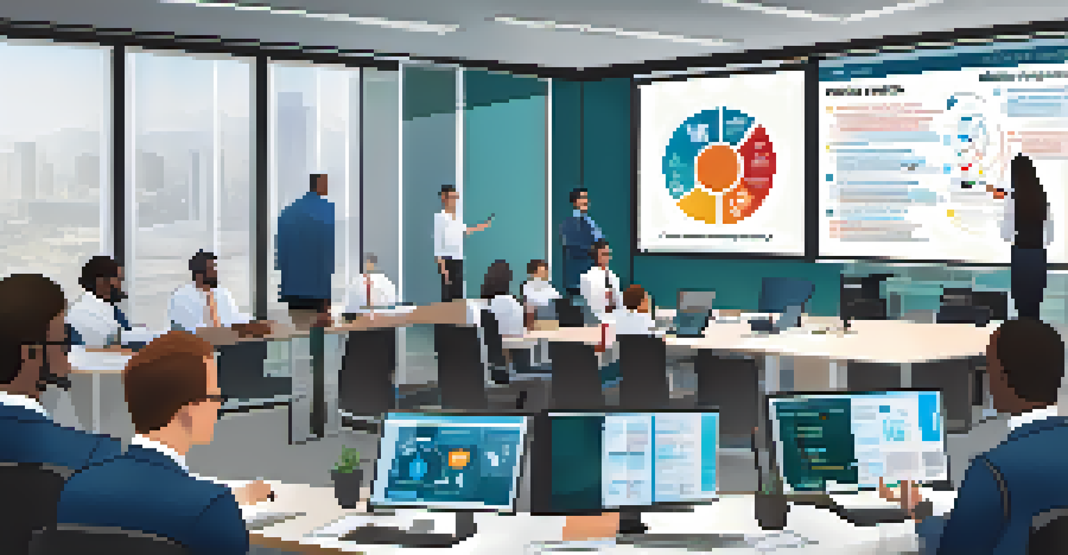 A crisis management team engaging in a simulation training exercise in a modern office, with a team leader pointing to a digital screen.